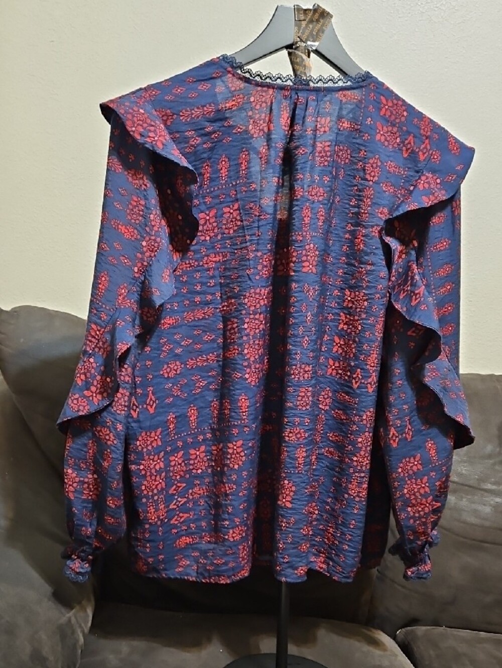 The Pioneer Woman Navy and Red Printed Ruffle-Shoulder Tie-Neck Blouse - Picture 5 of 8